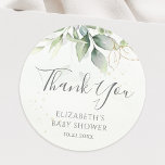 Eucalyptus Greenery Foliage Baby Shower Thank You Classic Round Sticker<br><div class="desc">Beautiful Thank You stickers featuring watercolor eucalyptus and gold leaves for baby showers.</div>