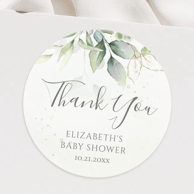 Eucalyptus Greenery Foliage Baby Shower Thank You Classic Round Sticker ...