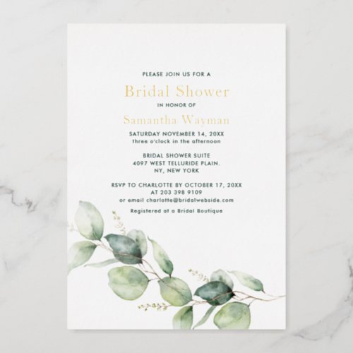 Eucalyptus Greenery Foliage Bridal Shower Gold Foil Invitation