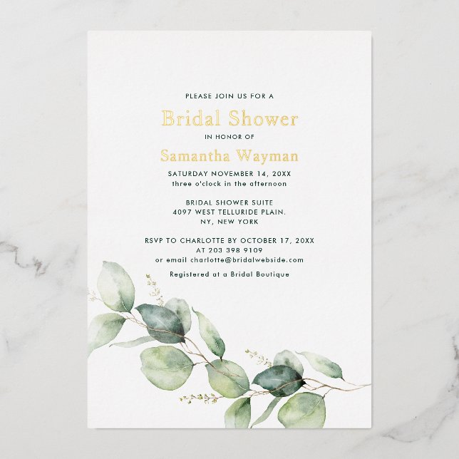 Eucalyptus Greenery Foliage Bridal Shower Gold Foil Invitation (Front)