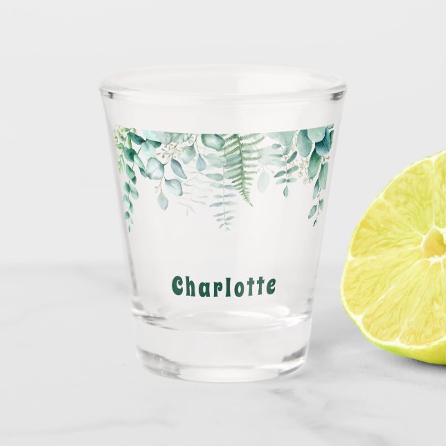 Eucalyptus greenery foliage green name shot glass (Front)