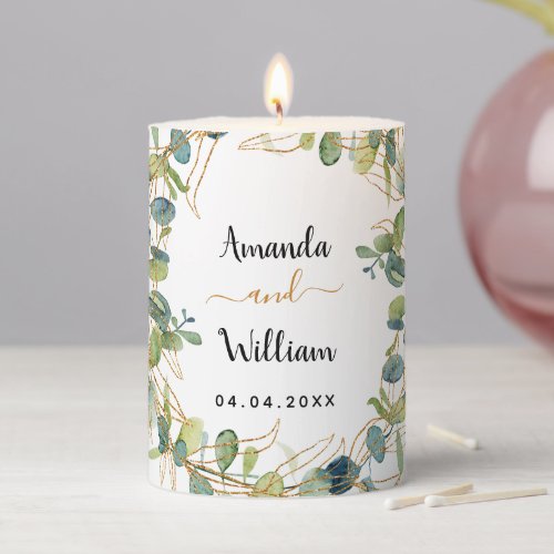 Eucalyptus greenery foliage monogram wedding pillar candle