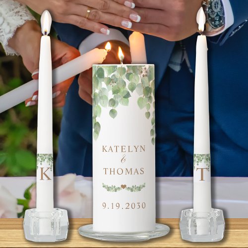 Eucalyptus Greenery Foliage Monogram Wedding Unity Candle Set