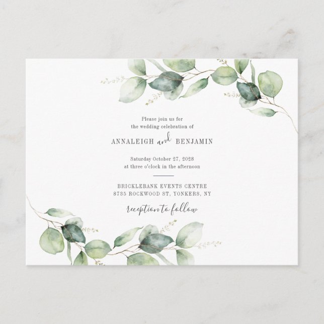 Eucalyptus Greenery Foliage Rustic Country Wedding Invitation Postcard (Front)