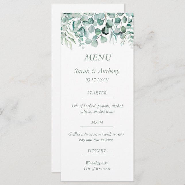 Eucalyptus Greenery Foliage Rustic Wedding Food  Menu (Front/Back)