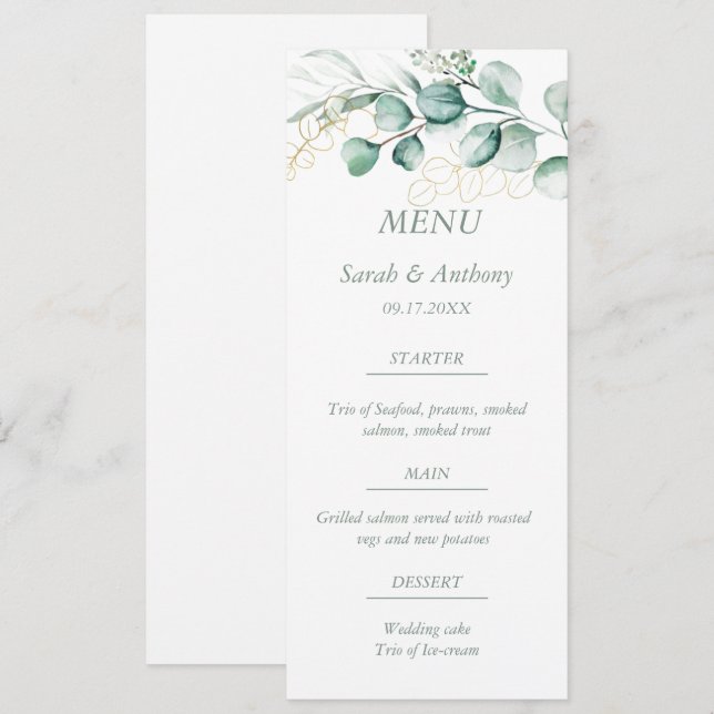Eucalyptus Greenery Foliage Rustic Wedding Food  Menu (Front/Back)