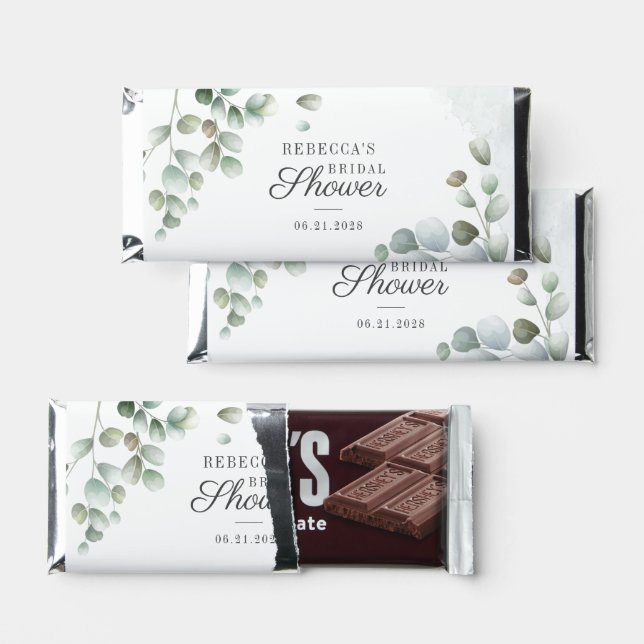 Eucalyptus Greenery Foliage Script Bridal Shower Hershey Bar Favors (Front)