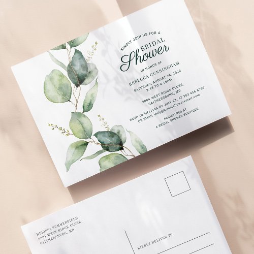 Eucalyptus Greenery Foliage Script Bridal Shower Invitation Postcard