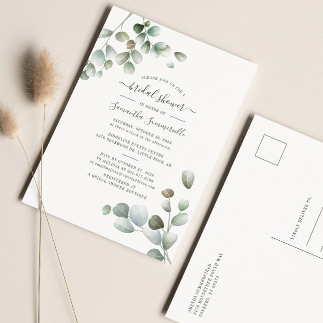 Eucalyptus Greenery Foliage Script Bridal Shower Invitation Postcard (Creator Uploaded)
