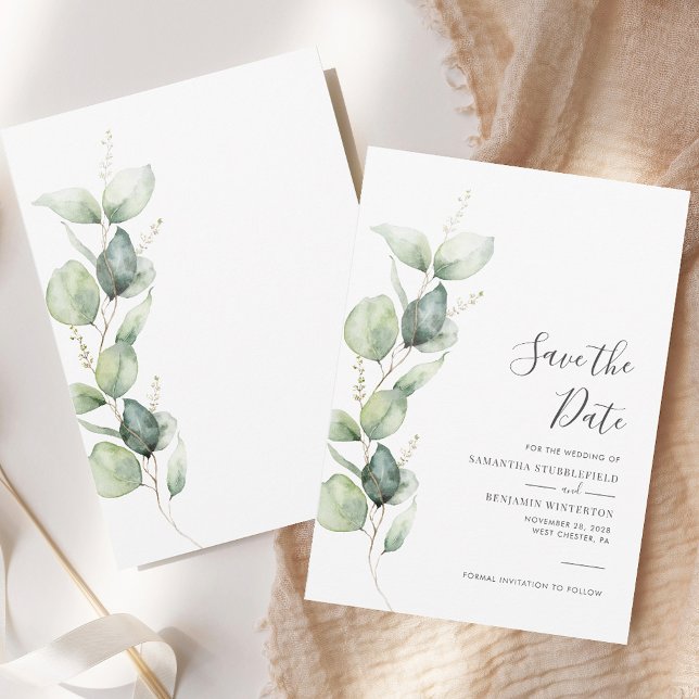 Eucalyptus Greenery Foliage Script Wedding Save The Date (Eucalyptus Greenery Foliage Script Wedding Save The Date)