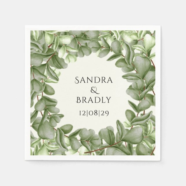 Eucalyptus Greenery Foliage Watercolor Wreath Napkins (Front)