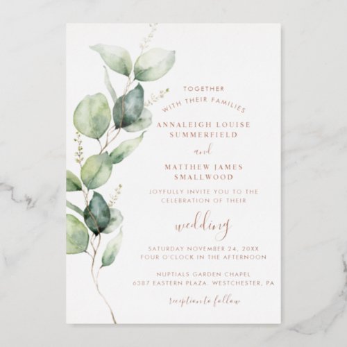 Eucalyptus Greenery Foliage Wedding Rose Gold Foil Invitation