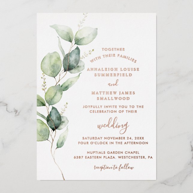 Eucalyptus Greenery Foliage Wedding Rose Gold Foil Invitation (Front)