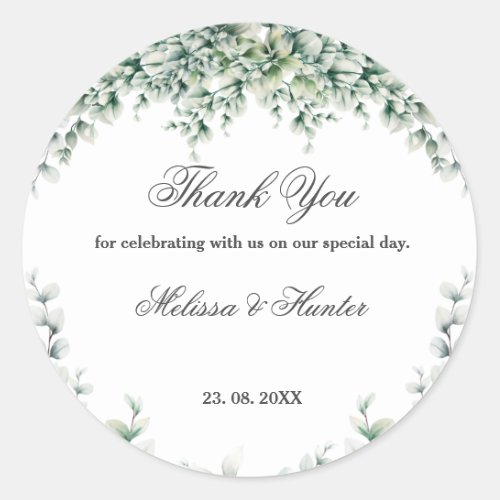 Eucalyptus Greenery Foliage Wedding Thank You Classic Round Sticker