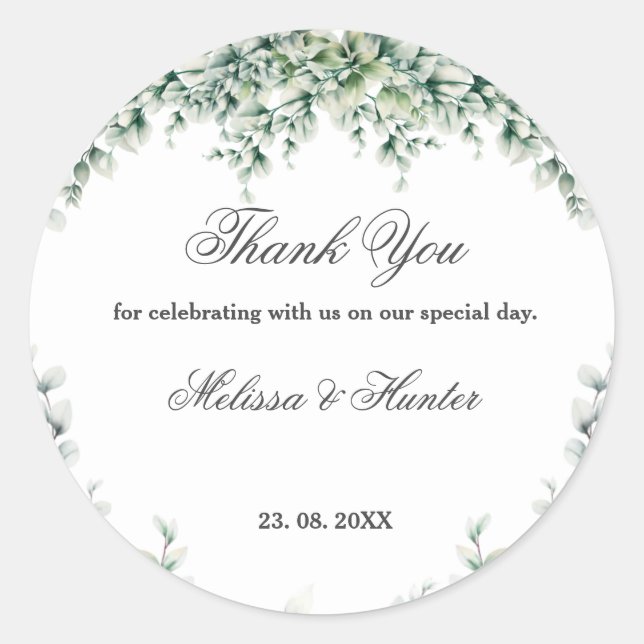 Eucalyptus Greenery Foliage Wedding Thank You Classic Round Sticker (Front)