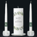 eucalyptus greenery foliage wedding unity candle set<br><div class="desc">A eucalyptus wreath with greenery foliage,  Initials of the bride and groom, 
You can change the wording,  text size,  color and font on this wedding invite.</div>