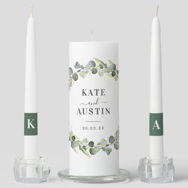 eucalyptus greenery foliage wedding unity candle set (Front)