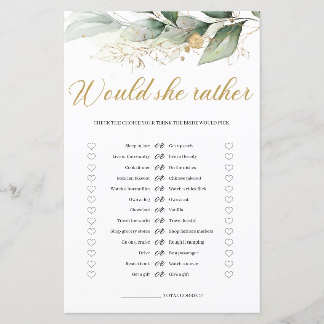 Eucalyptus greenery foliage Would she Rather game (Front)