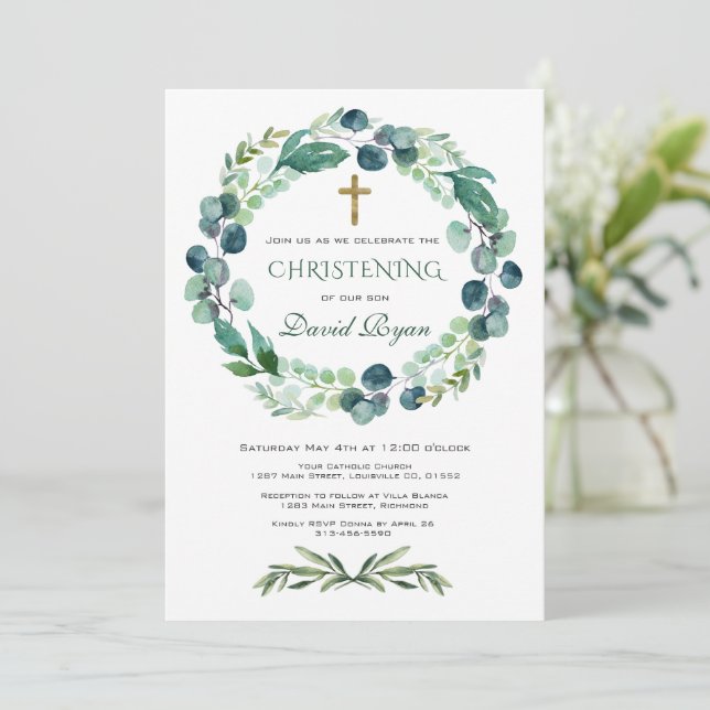 Eucalyptus Greenery Foliage Wreath Christening Invitation (Standing Front)