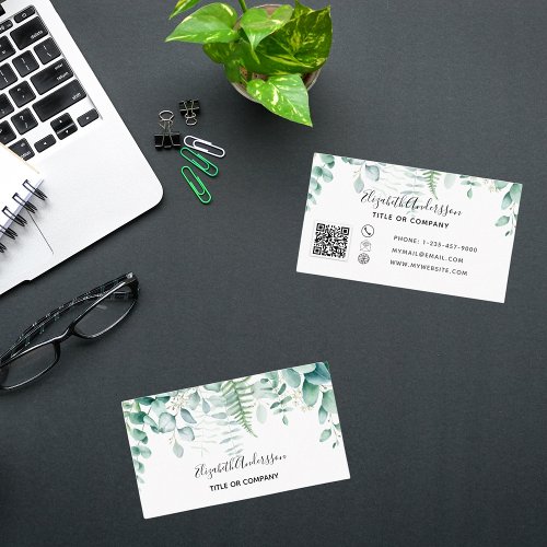 Eucalyptus greenery forest fern modern QR code Business Card