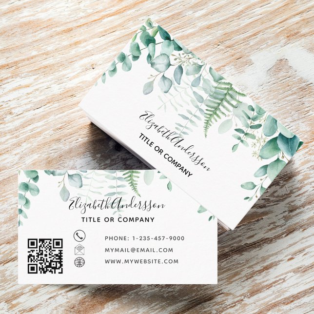 Eucalyptus greenery forest fern modern QR code Business Card (Creator Uploaded)