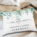 Eucalyptus greenery forest ferns mr mrs names accent pillow<br><div class="desc">White background,  black text. Decorated with eucalyptus greenery,  forest ferns.  Mr and Mrs with a heart.  Personalize and add your names.</div>
