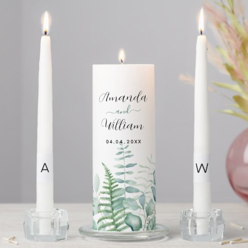 Eucalyptus greenery forest ferns names wedding unity candle set