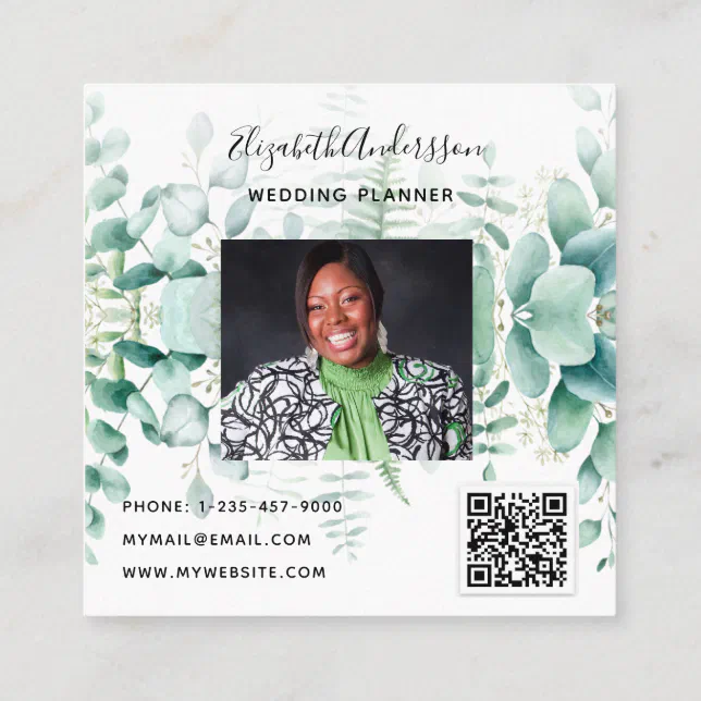 Eucalyptus greenery forest ferns photo QR code Square Business Card ...