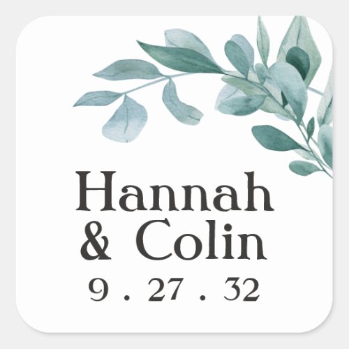 Eucalyptus Greenery Frame Green Blue Black Names Square Sticker