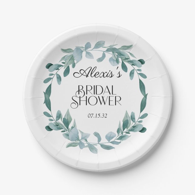 Eucalyptus Greenery Frame Green Blue Bridal Shower Paper Plates (Front)