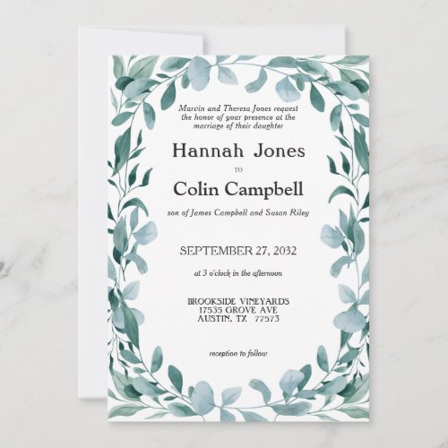 Eucalyptus Greenery Frame Green Blue Wedding Invitation