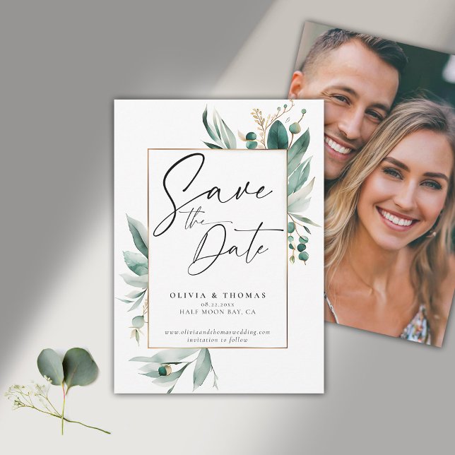 Eucalyptus Greenery Frame Modern Photo Wedding Save The Date (modern simple wedding save the date typography calligraphy eucalyptus greenery emerald green frame)