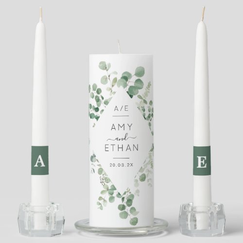eucalyptus greenery frame wedding unity candle set