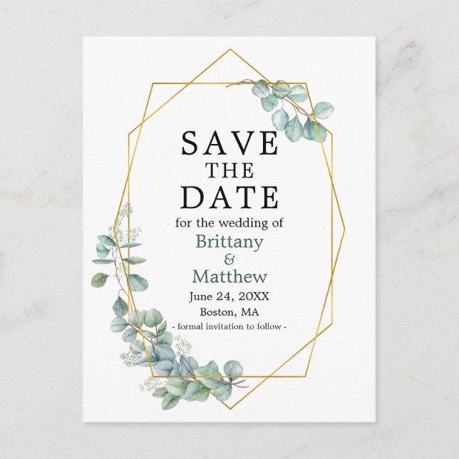 Eucalyptus Greenery Geo Frame Save The Date Postcard (Front)