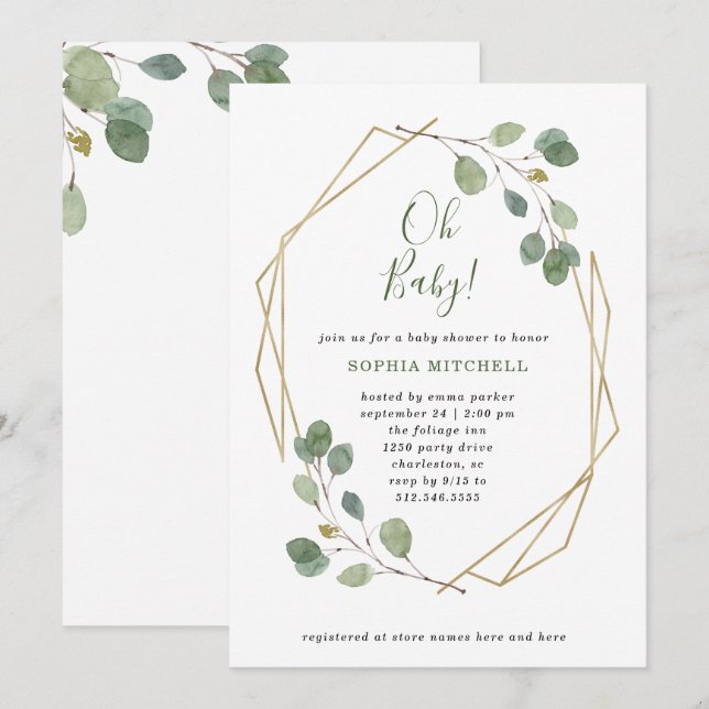 Eucalyptus Greenery Geometric Baby Shower Oh Baby Invitation (Front/Back)