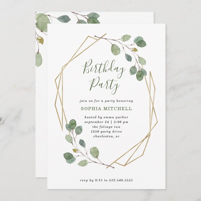 Eucalyptus Greenery | Geometric Birthday Party Invitation (Front/Back)
