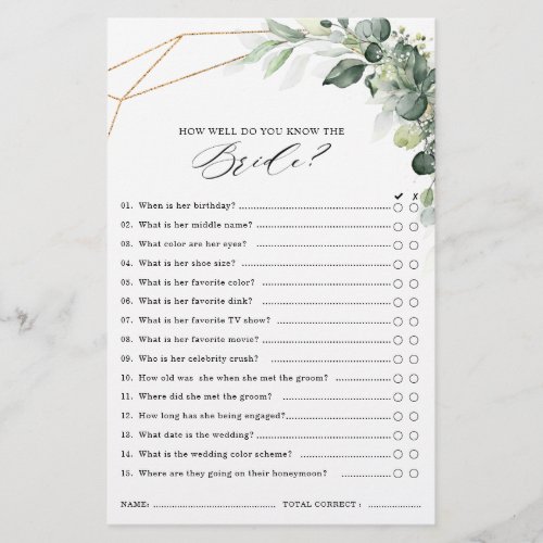 Eucalyptus Greenery Geometric Bridal shower game