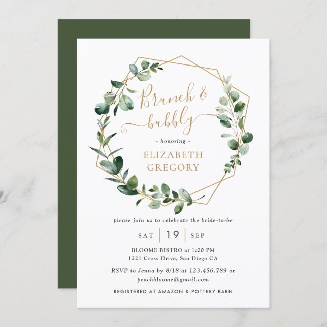 Eucalyptus Greenery Geometric Brunch and Bubbly Invitation (Front/Back)