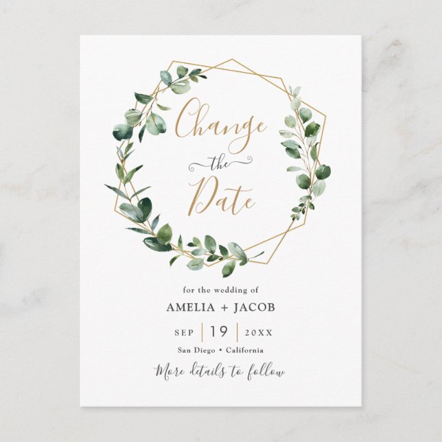 Eucalyptus Greenery Geometric Change the Date Postcard (Front)
