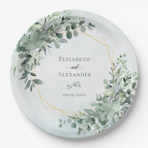 Eucalyptus Greenery Geometric Elegant Wedding Paper Plates