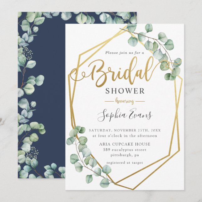 Eucalyptus Greenery Geometric Gold Bridal Shower Invitation (Front/Back)