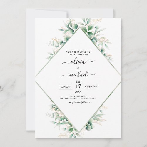 Eucalyptus Greenery Geometric Gold Foil Wedding  Invitation