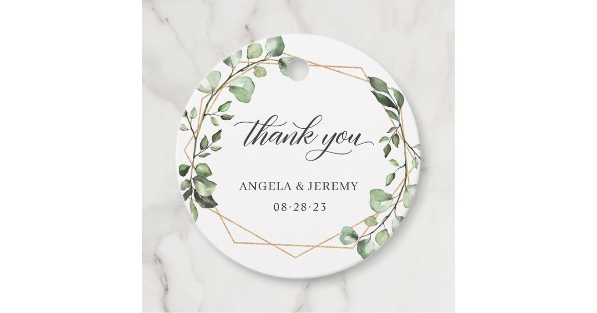 Eucalyptus Greenery Geometric Gold Frame Thank You Favor Tags | Zazzle