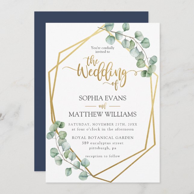 Eucalyptus Greenery Geometric Gold Frame Wedding Invitation (Front/Back)
