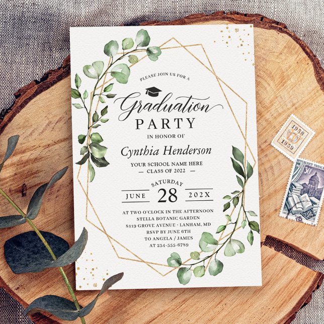 Eucalyptus Greenery Geometric Graduation Party Invitation (Creator Uploaded)