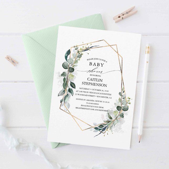 Eucalyptus Greenery Geometric Modern Baby Shower Invitation (Eucalyptus Leaves Baby Shower Invitations)