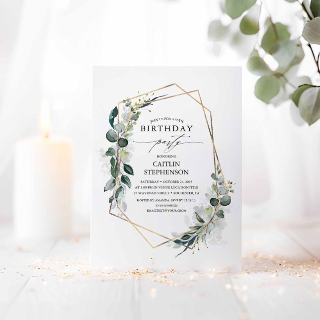 Eucalyptus Greenery Geometric Modern Birthday Invitation (Greenery Birthday Invitations)
