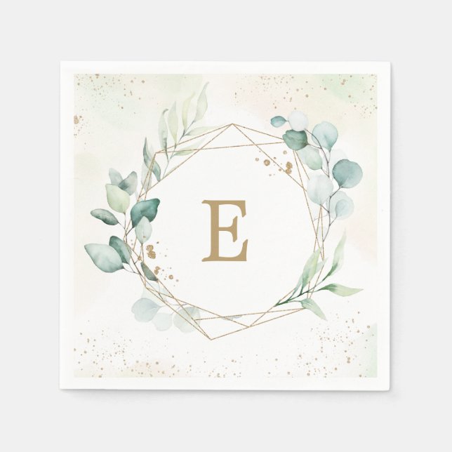Eucalyptus Greenery Geometric Monogram Wedding Napkins (Front)