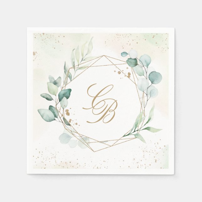 Eucalyptus Greenery Geometric Monogram Wedding Napkins (Front)