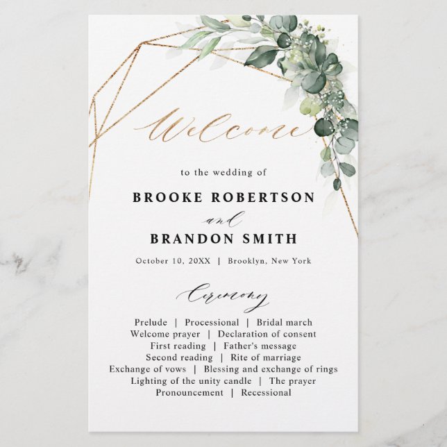 Eucalyptus Greenery Geometric Wedding Program (Front)
